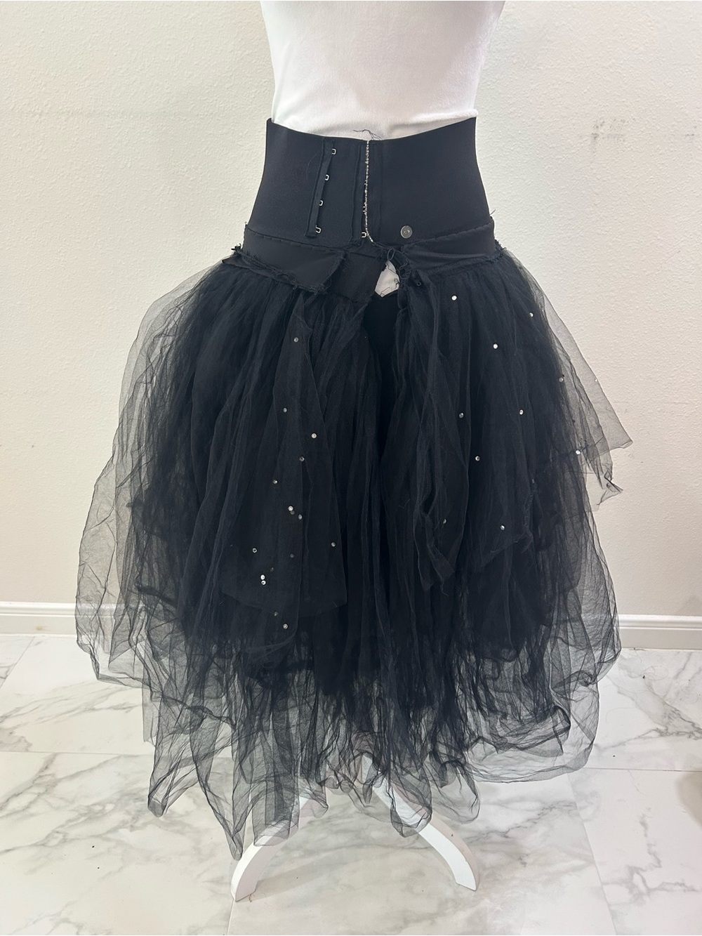 Black Tulle Midi Tiered High Waist Skirt with Sequin Detail